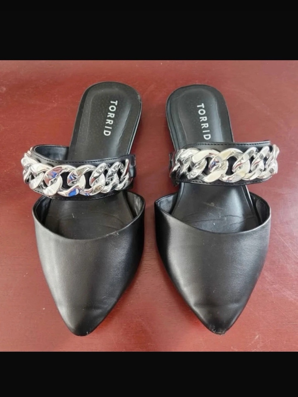 torrid Black Pointed-Toe Mules with Silver Chain Strap
